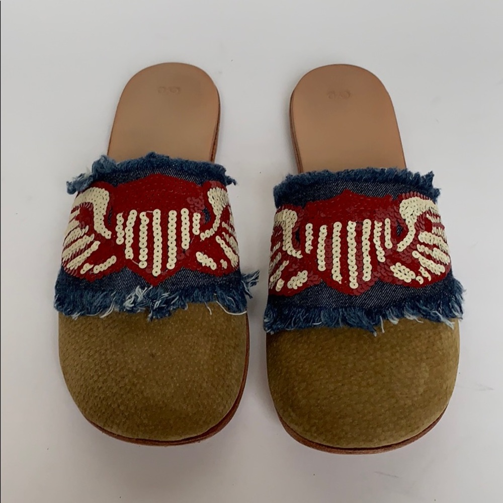 CYDNEY MANDEL Leather & Denim Sequin Mules